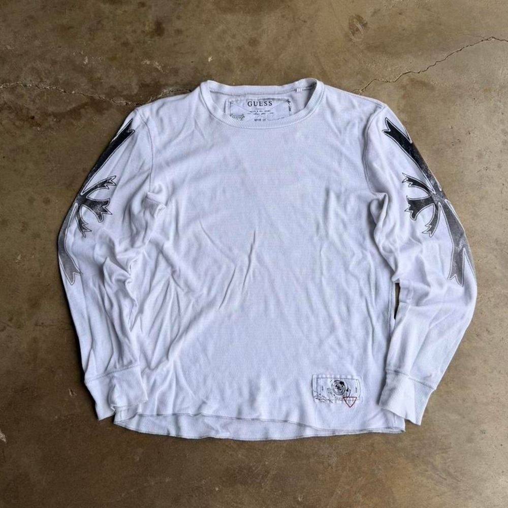 Vintage Y2K Guess chrome hearts type cross white long sleeve thermal shirt